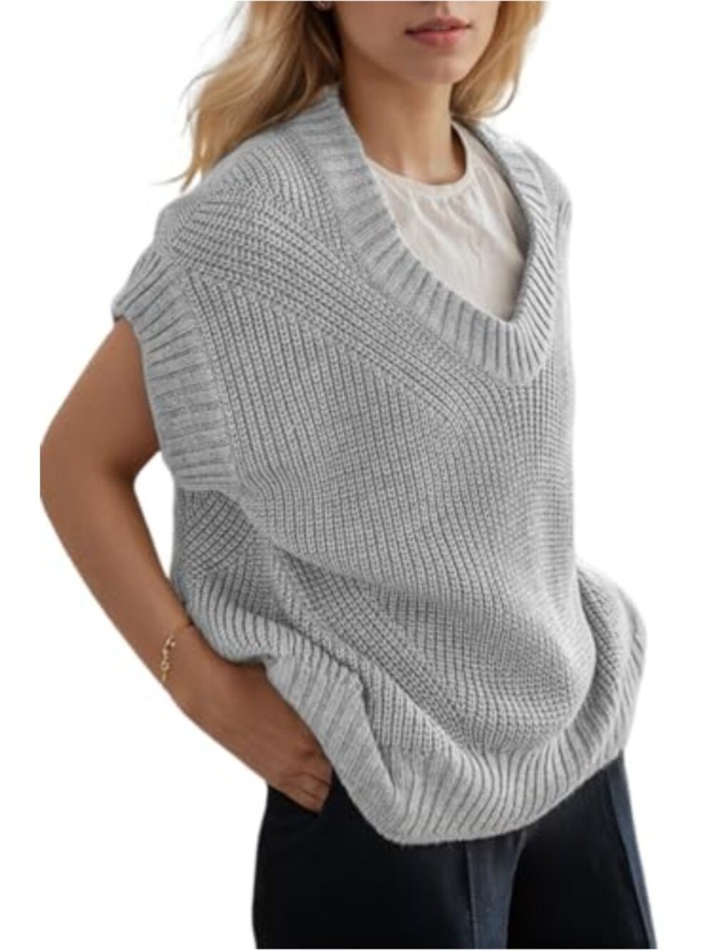 Ribbed Knit Sweater Vest V-Neck Short Sleeve Oversized Casual Pullover